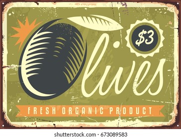 Fresh organic olives retro sign. Vector ad  image. Healthy food  concept.
