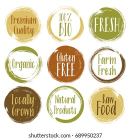 Fresh, organic, raw food, gluten free, farm fresh, locally grown, natural products premium quality, organic bio, healthy food stickers. Vector restaurants menu organic labels, packaging bio emblems.