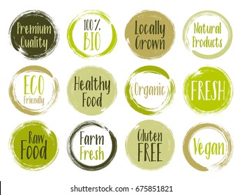 Fresh, organic, raw food, vegan, gluten free, eco friendly, premium quality, locally grown, healthy food stickers. Vector restaurants menu organic labels, natural products packaging bio emblems set.