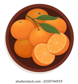 Fresh organic ripe oranges in a bowl, top view, isolated