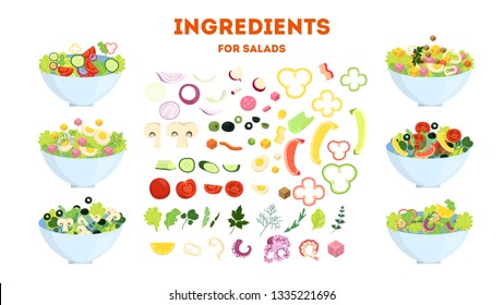 Fresh organic salad set. Healthy dinner made of vegetable. Mixed ingredient in a bowl. Isolated vector illustration in cartoon style