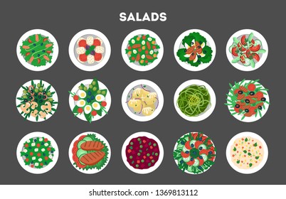 Fresh organic salad set. Healthy dinner made of vegetable. Mixed ingredient in a bowl. Isolated vector illustration in cartoon style