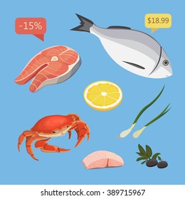  Fresh organic sea-foods. Seafood products set with salmon steak.