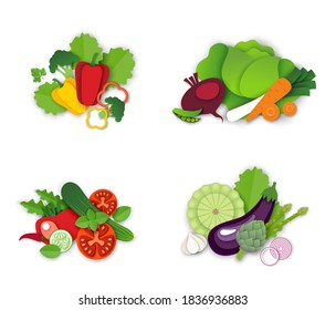 Conjunto de composición de hortalizas orgánicas frescas, ilustración aislada vectorial. Papel cortado pimienta roja, tomate, zanahoria, berenjena zucchini pepino de alcachofa. Alimentos vegetarianos saludables. Etiquetas de embalaje, pegatinas.