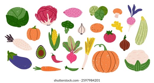 Fresh organic vegetables crayon and chalk textured drawing set. Natural healthy farm food produce. Hand drawn pencil wax icon plant in childish style. Vector illustration