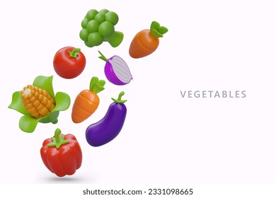 Verduras ecológicas frescas de la granja. brócoli 3D, zanahoria, cebolla, tomate, maíz, berenjena, pimienta. Plantilla de portada de menú vegetariano. Cartel de vectores para el mercado