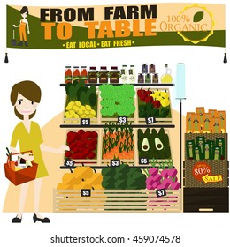 Fresh organic Vegetables and fruits on shelf in supermarket, farmers market. Healthy food concept.Vector/Illustration