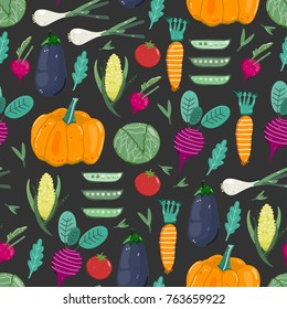 Fresh organic vegetables. Hand drawn vector seamless pattern. Black background