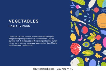 Fresh organic vegetables healthy vegan food dark banner. Hand drawn style template Natural food products. Vector illustration 