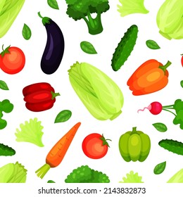 Patrón de verduras ecológicas frescas sin soldadura. Productos agrícolas sanos fondo interminable, papel tapiz, ilustración vectorial de diseño textil