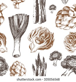 Fresh organic vegetables seamless pattern. Hand drawing style illustration. Template for web, print industry, brand advertising.