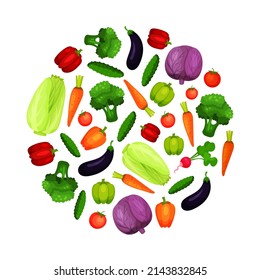 Fresh organic vegetables in shape of circle. Healthy farm products banner, poster, card, template design vector illustration