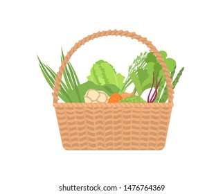 Fresh organic vegetables in wicker basket isolated on white background. Ripe gathered natural crops in crate. Harvest, healthy food, wholesome farm products. Flat cartoon colorful vector illustration.