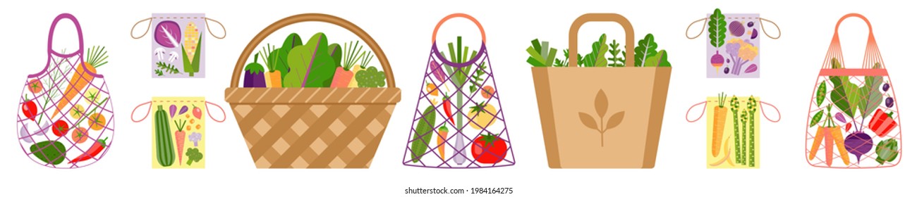 Fresh organic vegetables in zero waste recyclable bags. Banner with veggies in eco-friendly package. Set of mesh, string bags, basket, recycled paper pocket and reusable shoppers, no plastic concept.