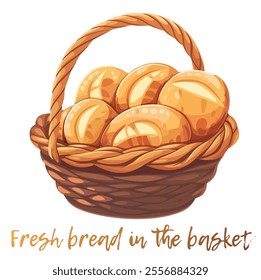 Fresh organic wheat bread in woven basket vector icon isolated on white background. Golden brown crust and warm hues of home-baked goodness. For food blogs, bakery websites, or healthy eating campaign