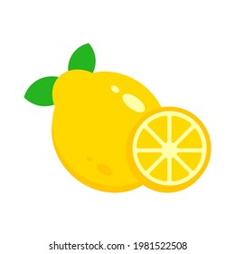 Fresh organic yellow lemon fruit with slice and green leaves isolated on white background. (The best drinks in summer, lemonade, soft drinks, cocktails, rich source of vitamin C)