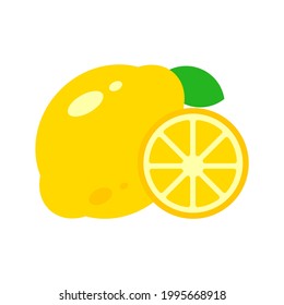 Fresh organic yellow lemon fruit with slice and green leaves isolated on white background. (The best drinks in summer, lemonade, soft drinks, cocktails, rich source of vitamin C)