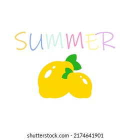 Fresh organic yellow lemon fruit with green leaves and lettering summer isolated on white background.