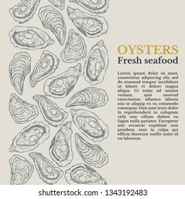 Fresh oyster frame, seafood. Vintage hand drawn sketch style. Frame for decoration, label, menu. Ink, linear graphic, Engraved style 