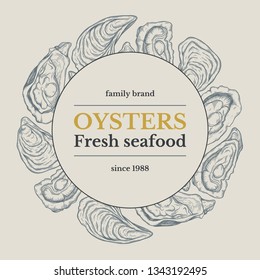 Fresh oyster frame, seafood. Vintage hand drawn sketch style. Frame for decoration, label, menu. Ink, linear graphic, Engraved style 