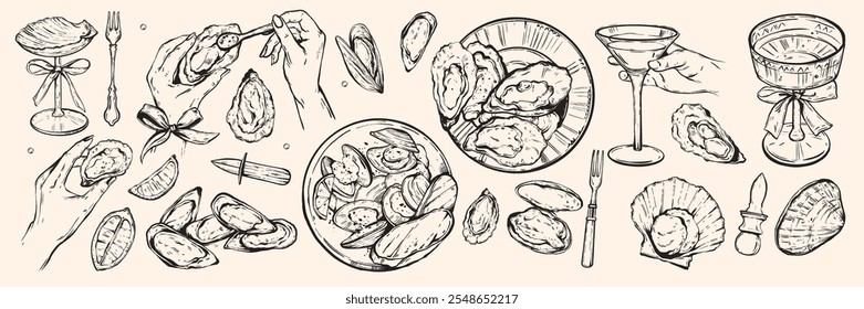 Ostra fresca desenhada à mão ilustração conjunto vetor gravura frutos do mar impressão oceano restaurante menu design. Saboroso prato conch fatia de limão, mão feminina segurando copo de champanhe, garfo. Ostra gravura de alimento