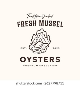 design de ilustração minimalista do vetor da arte da linha da ostra fresca, design do símbolo de frutos do mar da ostra do mexilhão 