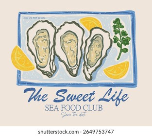 Fresh oyster print. Eat more fruit. Oyster club print design. Lemon artwork.
