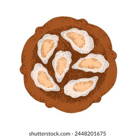 Fresh oyster in shells on plate. Open shellfish delicacy, sea food on platter, top view. Gourmet appetizer. Delicious raw seafood delicatessen. Flat vector illustration isolated on white background