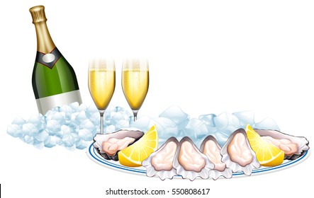 Fresh oysters and champagne bottle illustration