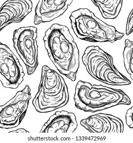 Fresh oysters seamless pattern. Black and white graphic design. Sea food. Vector illustration. Hand drawn oyster isolated on white background. sketch style