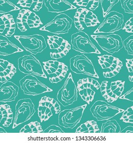 Fresh oysters seamless pattern. Black and white graphic design. Seafood. Vector illustration of an oyster isolated on white background. Sketch style. stock illustration - Vector graphics