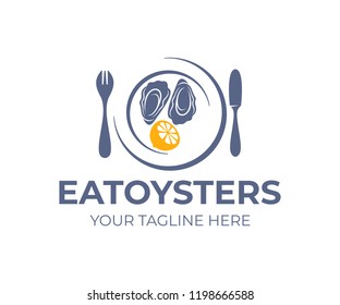 Fresh oysters in shell, lemon in plate or dish with fork and knife, logo design. Healthy food and seafood, restaurant, vector design. Nature, animal, natural and organic, illustration