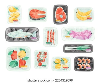 Fresh packaged food flat icons set. Goods from supermarket in plastic packaging. Fresh fruits and vegetables, salmon,shrimps. Apples, pepper and seafood. Color isolated illustrations