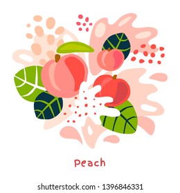 Fresh paech fruits juice splash organic food juicy splatter on abstract background vector hand drawn illustrations
