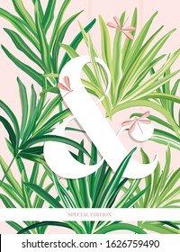 Fresh palm leaves bundle of tropical banana leaves realistic hand drawn on pink  background. Set of exotic foliage leaves,  paradise jungle poster, Rainforest template. Vector illustration.