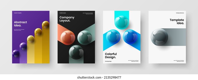 Fresh pamphlet A4 design vector illustration bundle. Clean 3D spheres cover layout collection.