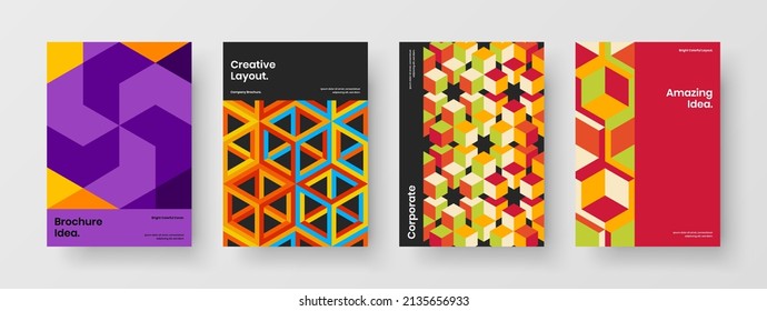Fresh pamphlet A4 vector design layout bundle. Trendy mosaic pattern annual report illustration collection.