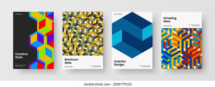 Composición de la ilustración del diseño vectorial A4 del folleto nuevo. Colección de plantillas de rótulos de hexágonos de mosaico original.