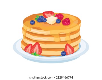 Fresh pancakes with berry fruits and syrup icon vector. Pile of delicious pancakes with butter on a plate icon isolated on a white background