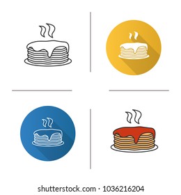 Fresh pancakes stack with jam or honey icon. Flat design, linear and color styles. Isolated vector illustrations