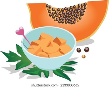 Fresh papaya fruit halved and papaya pieces served in a bowl with a spike. Isolated on white background