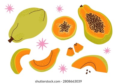 Fresh Papaya Fruit Vector Set. Whole Exotic Papaw, Half Cut, Quarters, Pieces and Slices with Black Seeds. Organic Tropical Harvest for Dessert Cooking and Food Design. Minimalist Flat Style