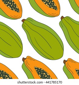 Fresh papaya hand drawn background. Doodle wallpaper vector. Colorful seamless pattern with fruits