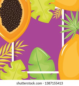 fresh papaya with leafs palms square frame