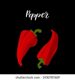 Fresh Paprika Pepper vegetable. Healthy nutrition product. Vector hand drawn flat isolated illustration with hand written lettering for your design on black background.