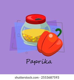 Fresh paprika spice. Yellow powder in closed jar ans pepper. Flavoring concept. Can be used for topics like cuisine, culinary, taste