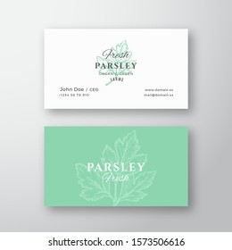 Fresh Parsley Abstract Vector Sign or Logo and Business Card Template. Green Parsley Branch with Leaves Sketch Illustration with Retro Typography. Premium Stationary Realistic Mock Up. Isolated.