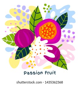 Fresh Passion Fruit Tropical Fruits Juice Splash Organic Food Ripe Juicy Yogurt Splatter On Abstract Background. Vector Hand Drawn Illustrations
