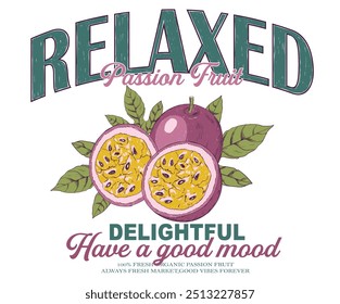 Fresh Passion fruit vintage t-shirt design. Organic fruit farm. Passion fruit club print design. Organic artwork for t shirt print, poster, sticker and other uses. Tropical haven.