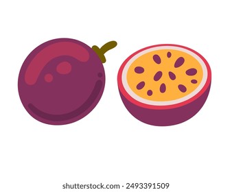 Frutos de la pasión frescos, enteros y partidos por la mitad con pulpa amarilla jugosa y semillas. Perfecto para recetas de frutas tropicales, blogs de salud y uso culinario en postres y bebidas. Ilustración vectorial aislada.